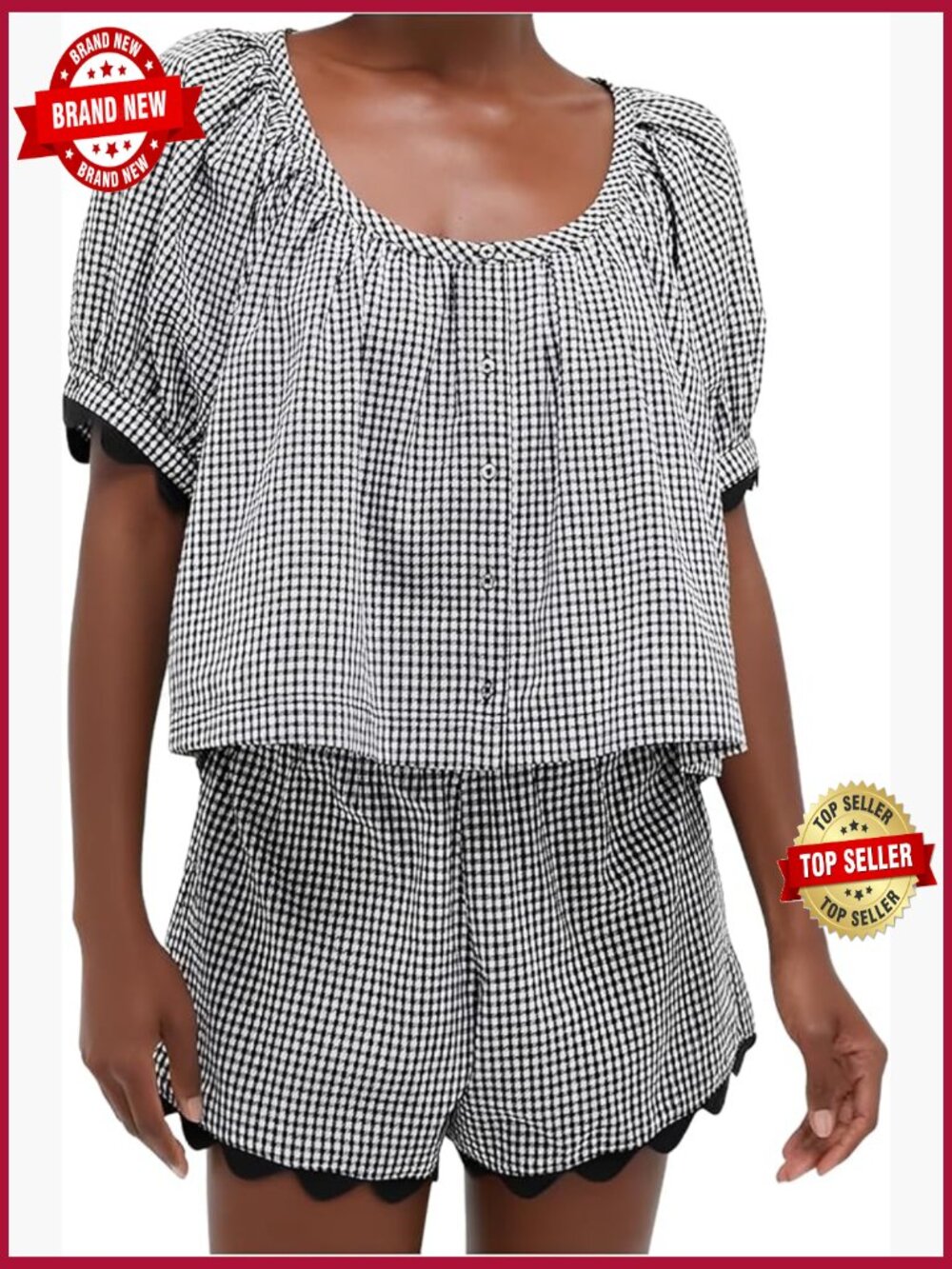Women's 2-Piece Gingham Set - Puff Sleeve Top & Shorts with Scalloped Hem